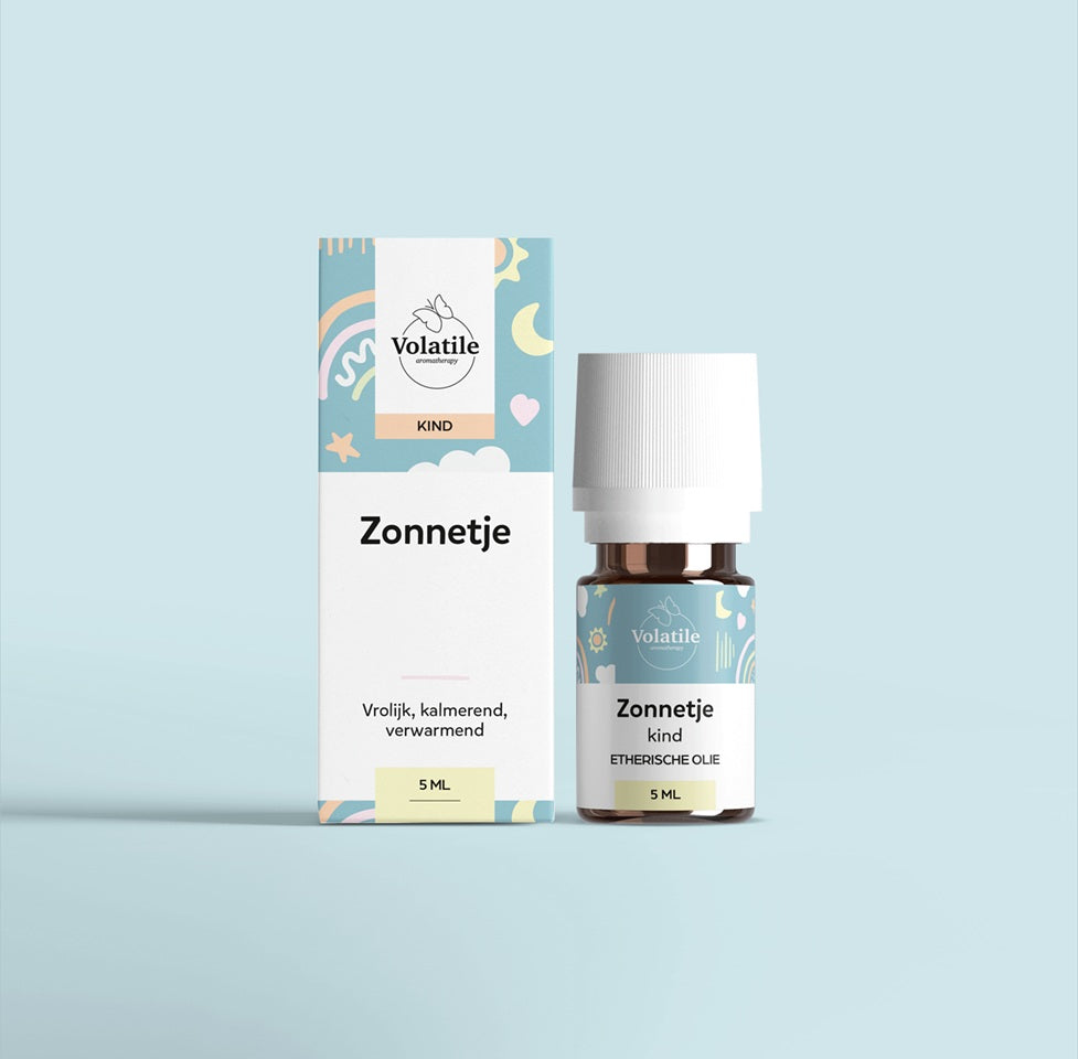 Volatile Zonnetje 5ml essential oil bottle with orange and yellow label, showcasing the Volatile brand and product details.