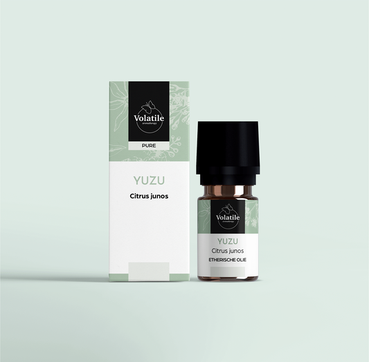 Volatile Yuzu essential oil in a 2.50ml bottle with vibrant yellow label and dropper cap, ideal for aromatherapy.