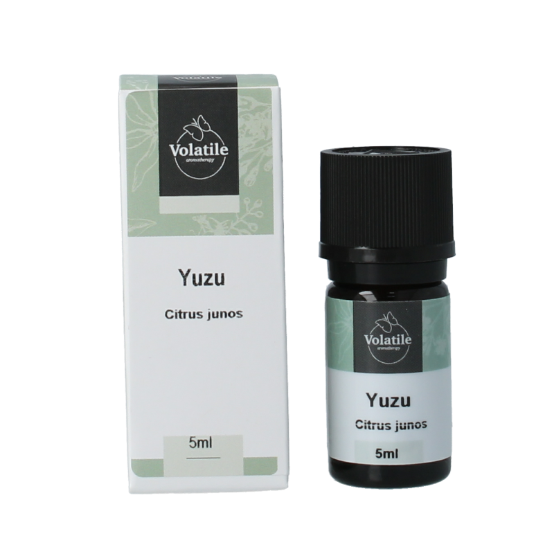 Volatile Yuzu essential oil 5ml bottle, bright yellow citrus scent, natural aromatic oil for aromatherapy and wellness.