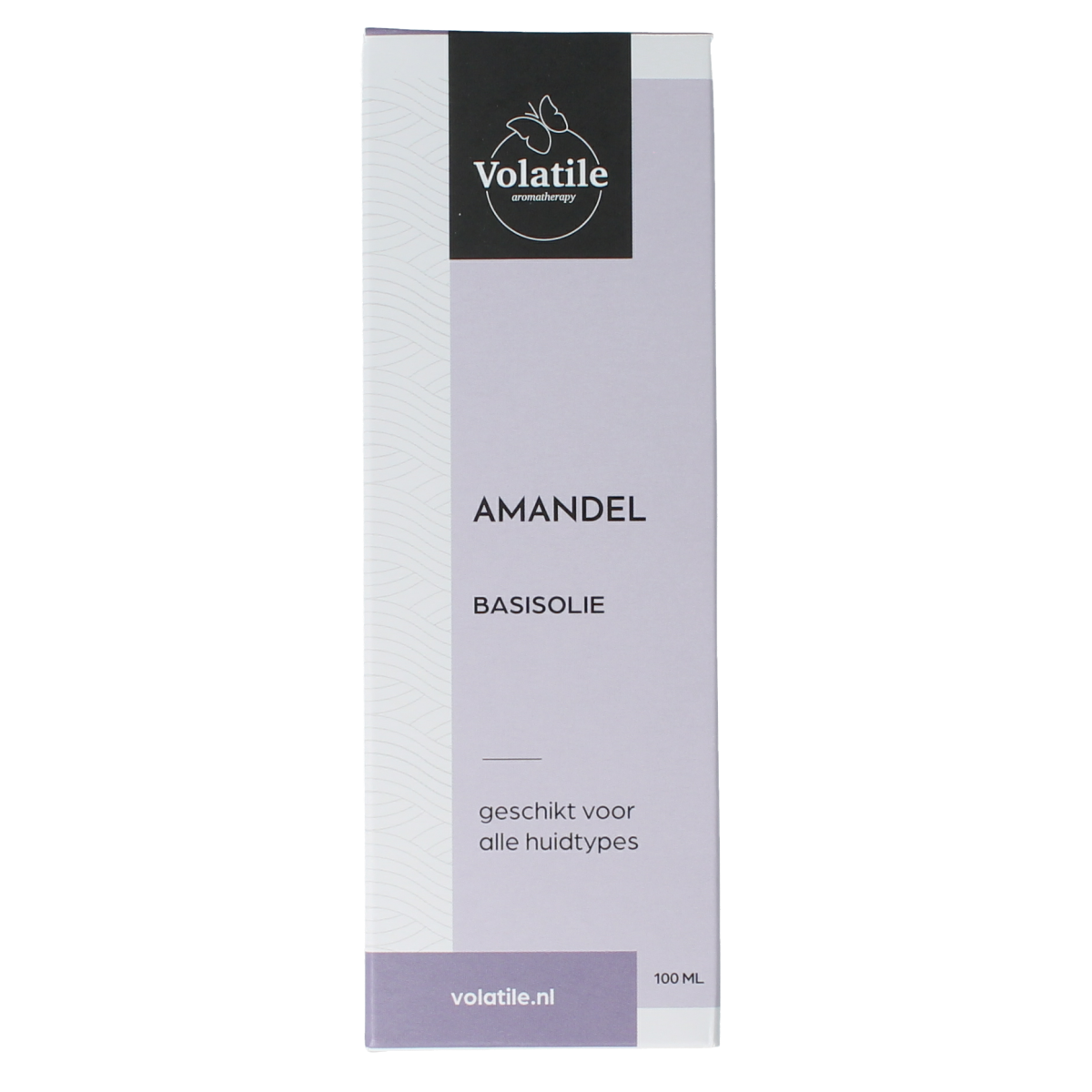 Volatile Amandel basisolie in a 100ml glass bottle, natural body care oil with almond scent, displayed in a clear glass container.