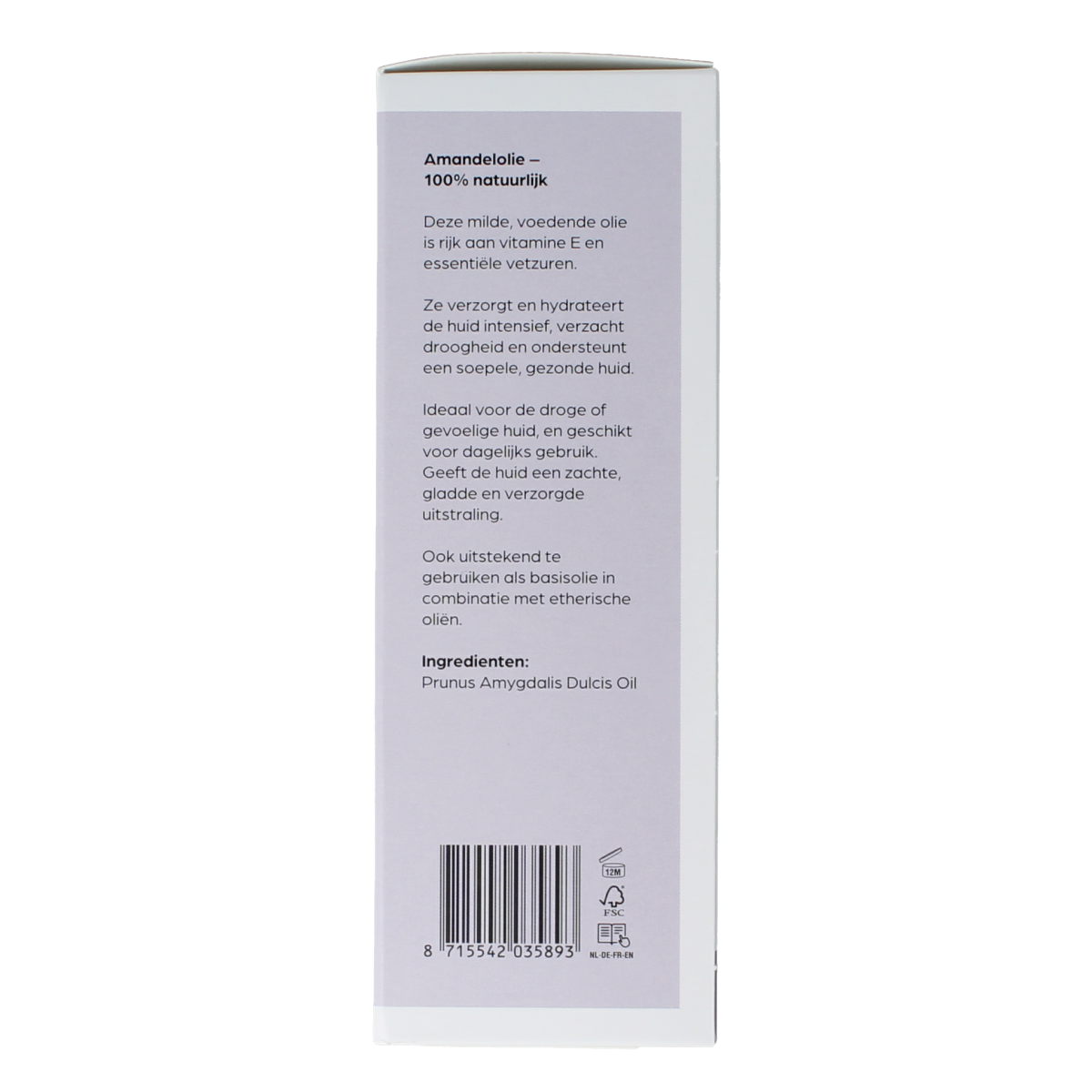 Volatile Amandel basisolie in a glass bottle, 100ml, for body care, with a clear view of the amber-colored glass and label.