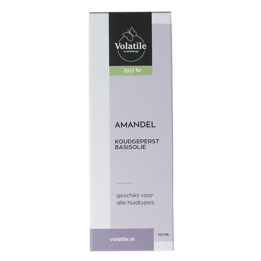 Volatile Amandel koudgeperst basisolie in glazen fles, 100ml, pure almond carrier oil for body care.