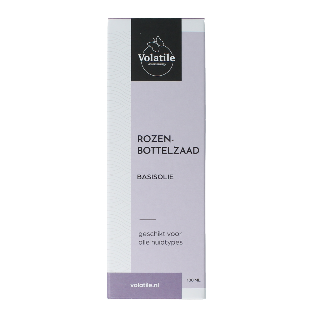 Volatile Rozenbottelzaad basisolie in a glass bottle, 100ml, for body care with natural rosehip seed oil.
