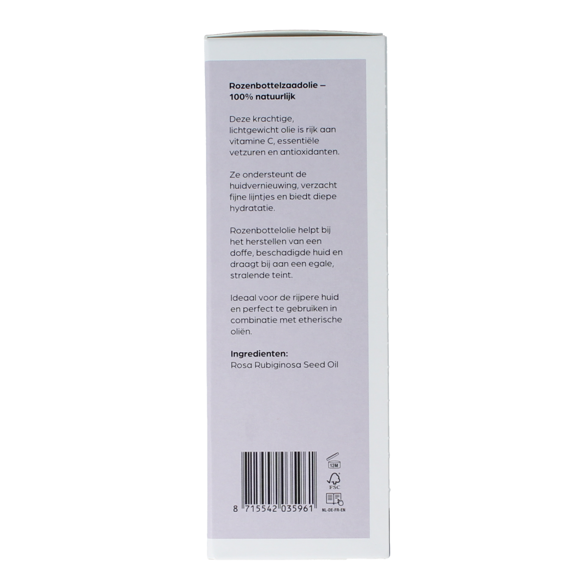 Volatile Rozenbottelzaad basisolie in a glass bottle, 100ml, natural body care product with rosehip seed oil.