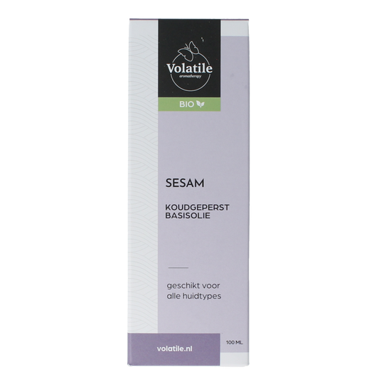 Volatile Sesam koudgeperst bio basisolie in glazen fles, 100ml, voor lichaamsverzorging, natuurlijke en biologische product.