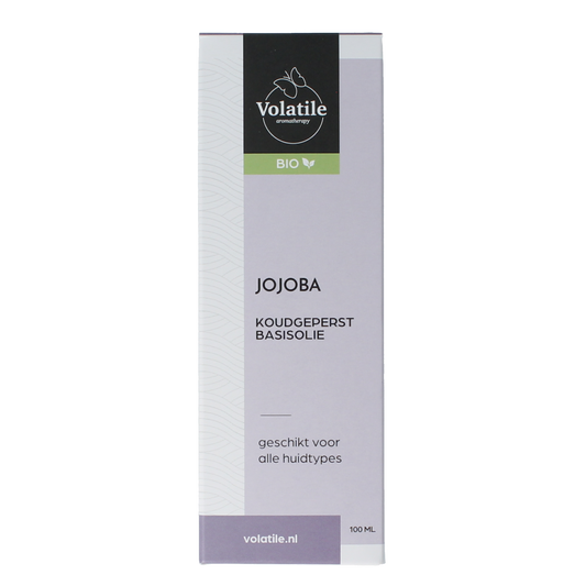 Volatile organic jojoba cold-pressed body oil in a 100ml glass bottle, natural skincare product for body care.