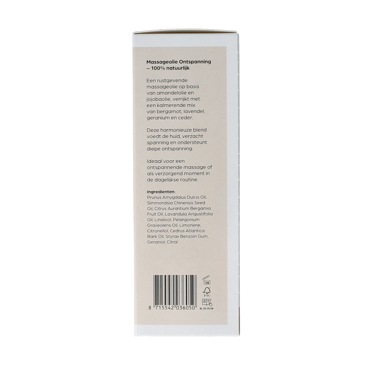 Volatile ontspannende massageolie in een glazen fles met pomp, 100ml, voor lichaamsverzorging en ontspanning.