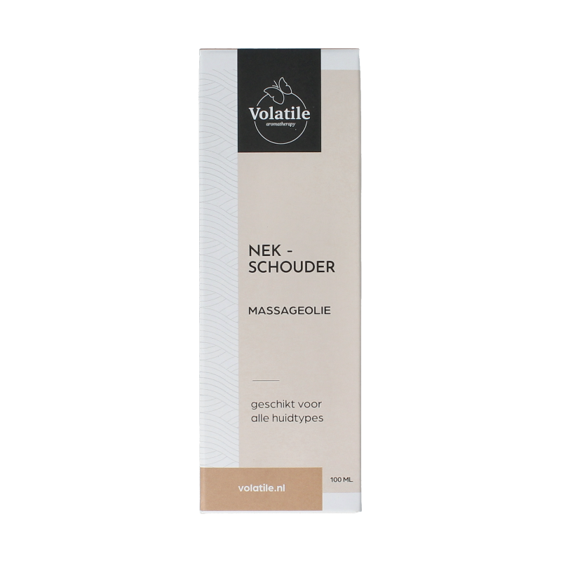 Volatile massage oil for neck and shoulders in a 100ml glass bottle with pump, body care product for relaxation and soothing.