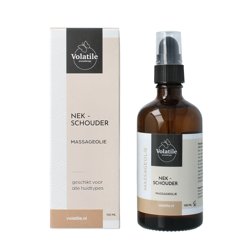 Volatile massage oil for neck and shoulders in a 100ml glass bottle with pump, body care product with soothing properties.