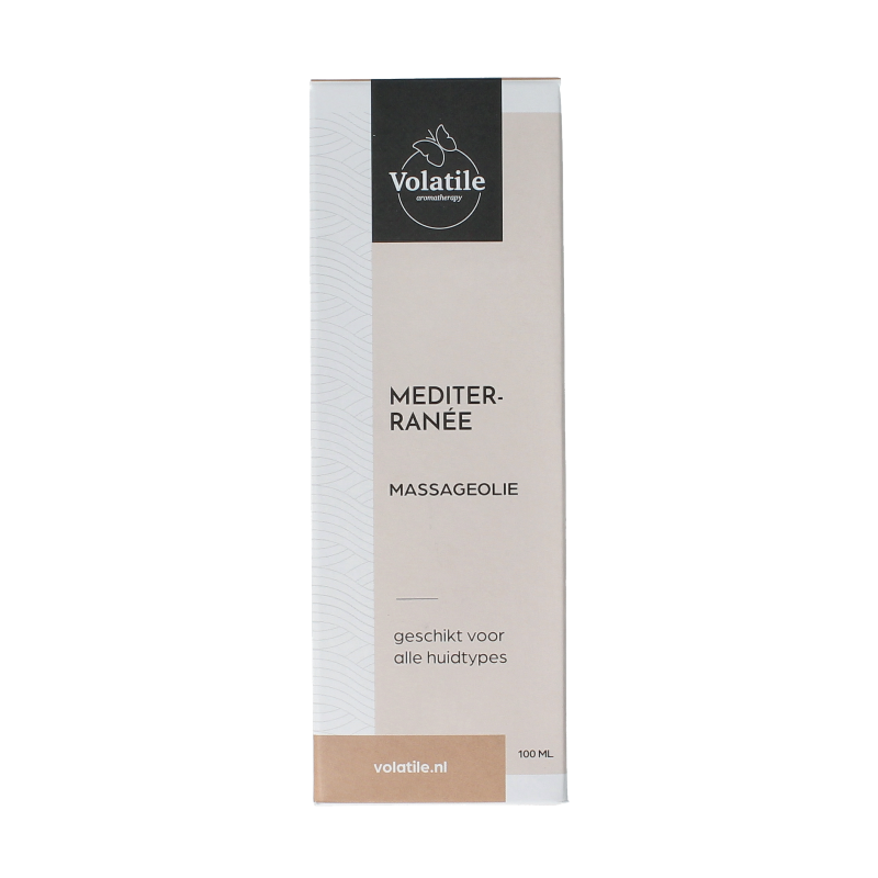 Volatile Mediterranee massage oil in glass bottle with pump, 100ml, for body care and relaxation.