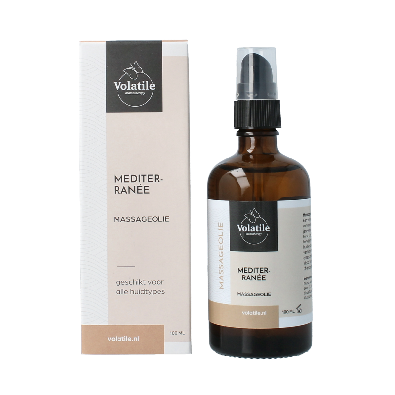 Volatile Mediterranee massage oil in glass bottle with pump, 100ml, for body care and relaxation.