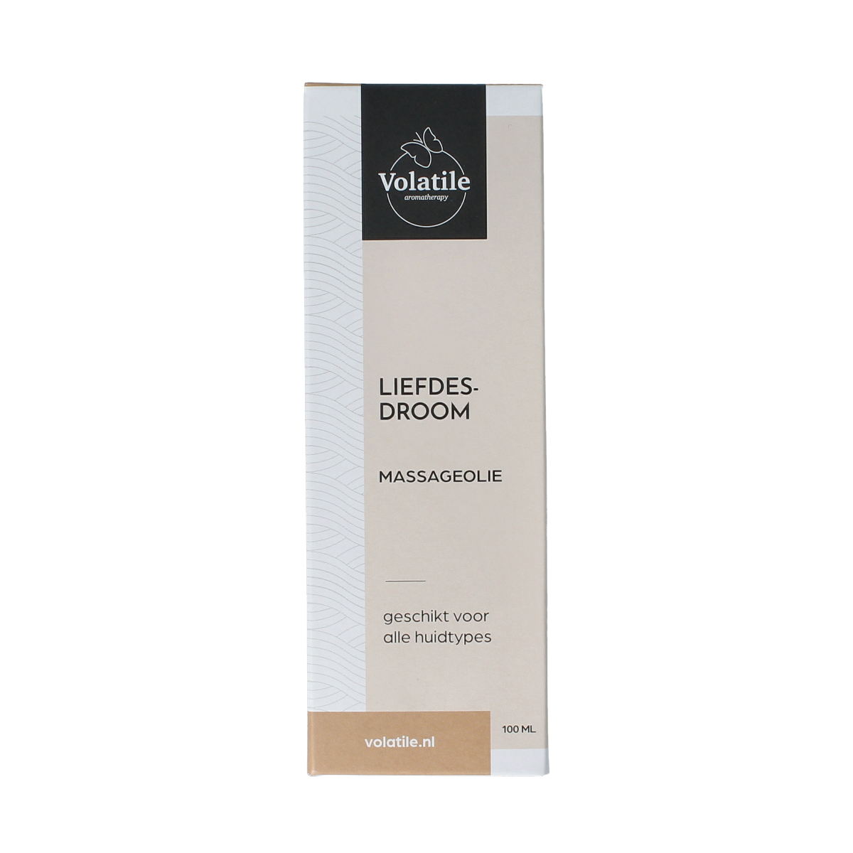 Volatile liefdesdroom massageolie in glazen pompflacon, 100ml, with floral packaging for body care and relaxation.