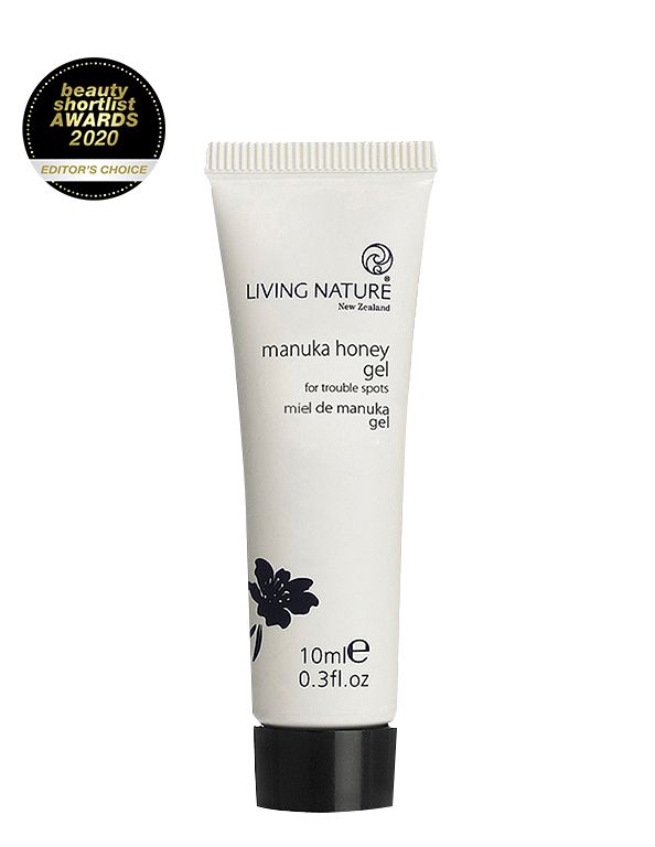 Living Nature Rescue Gel Manuka in 10ml tube, natural skincare product for soothing skin, with Manuka honey extract.