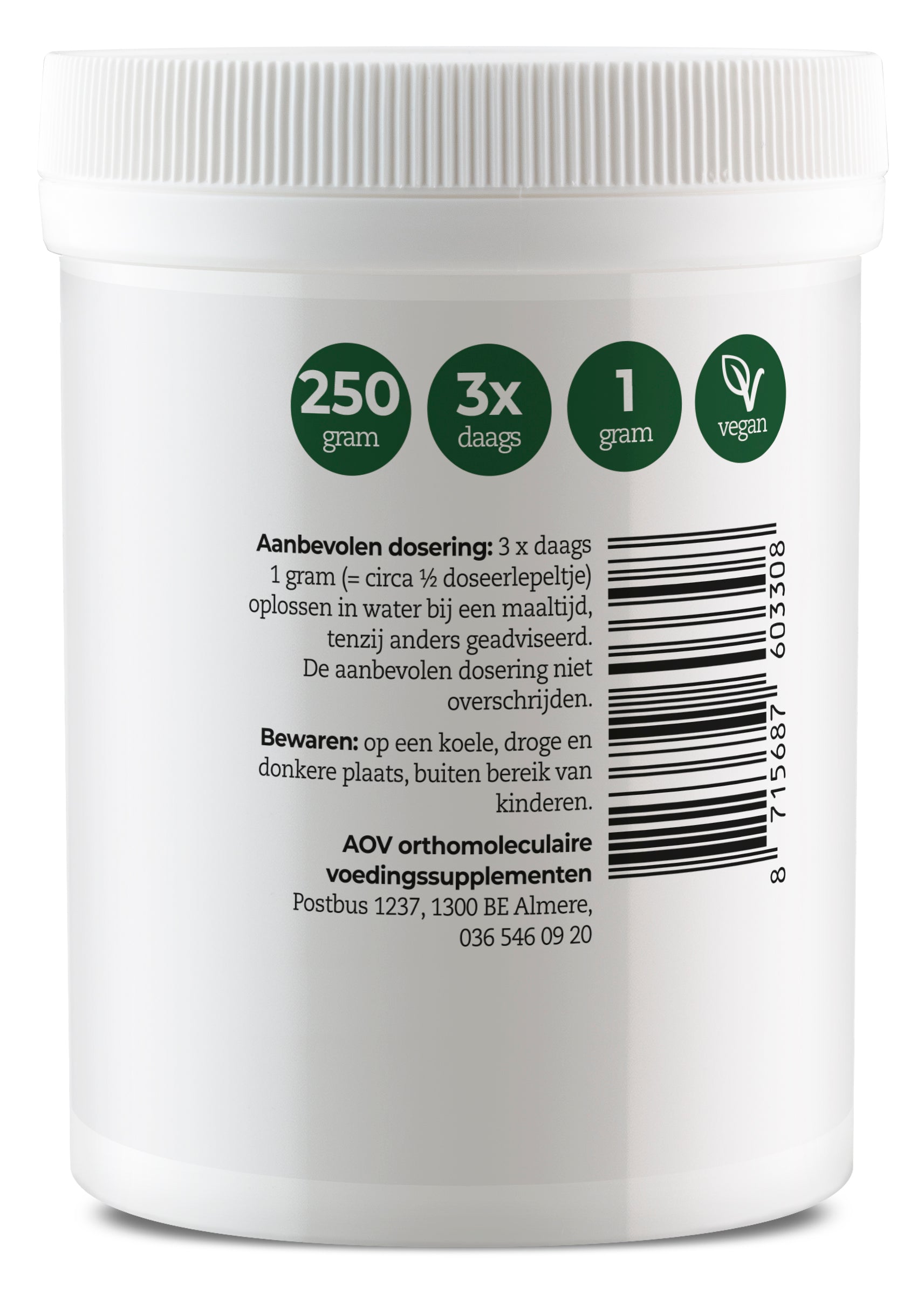 AOV 330 Vitamin C ascorbic acid powder in a 250g container, natural vitamin supplement for immune support.