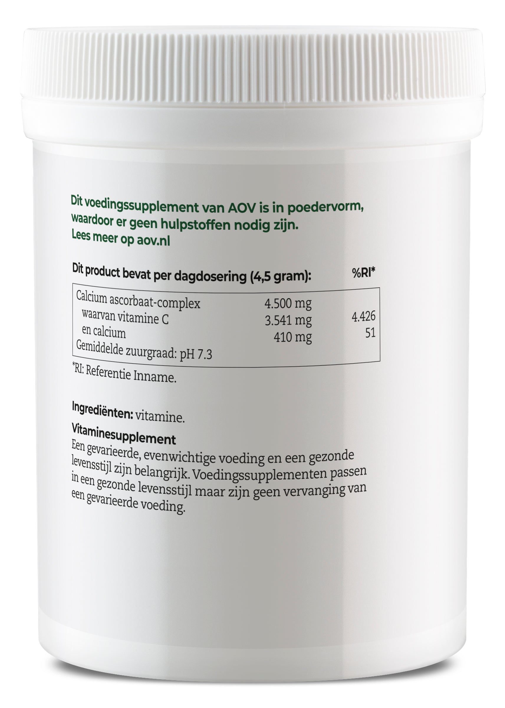 AOV 331 Vitamin C calcium ascorbate supplement in 250g jar, natural vitamin C with calcium, AOV brand, close-up of jar label