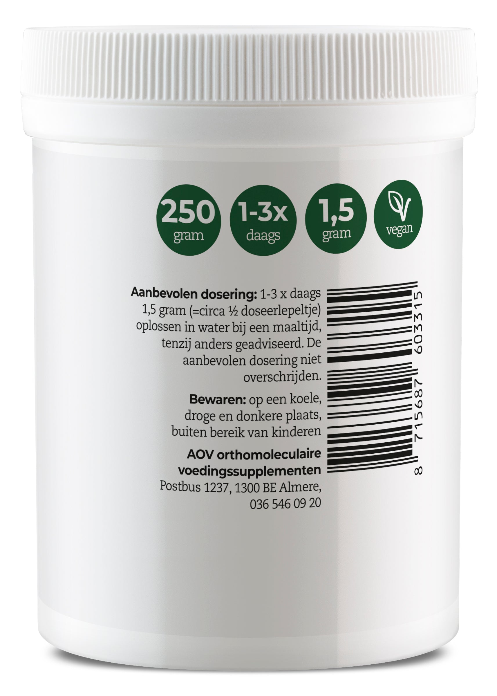 AOV 331 Vitamin C calcium ascorbate powder in a 250g container, natural vitamin supplement with bright packaging.