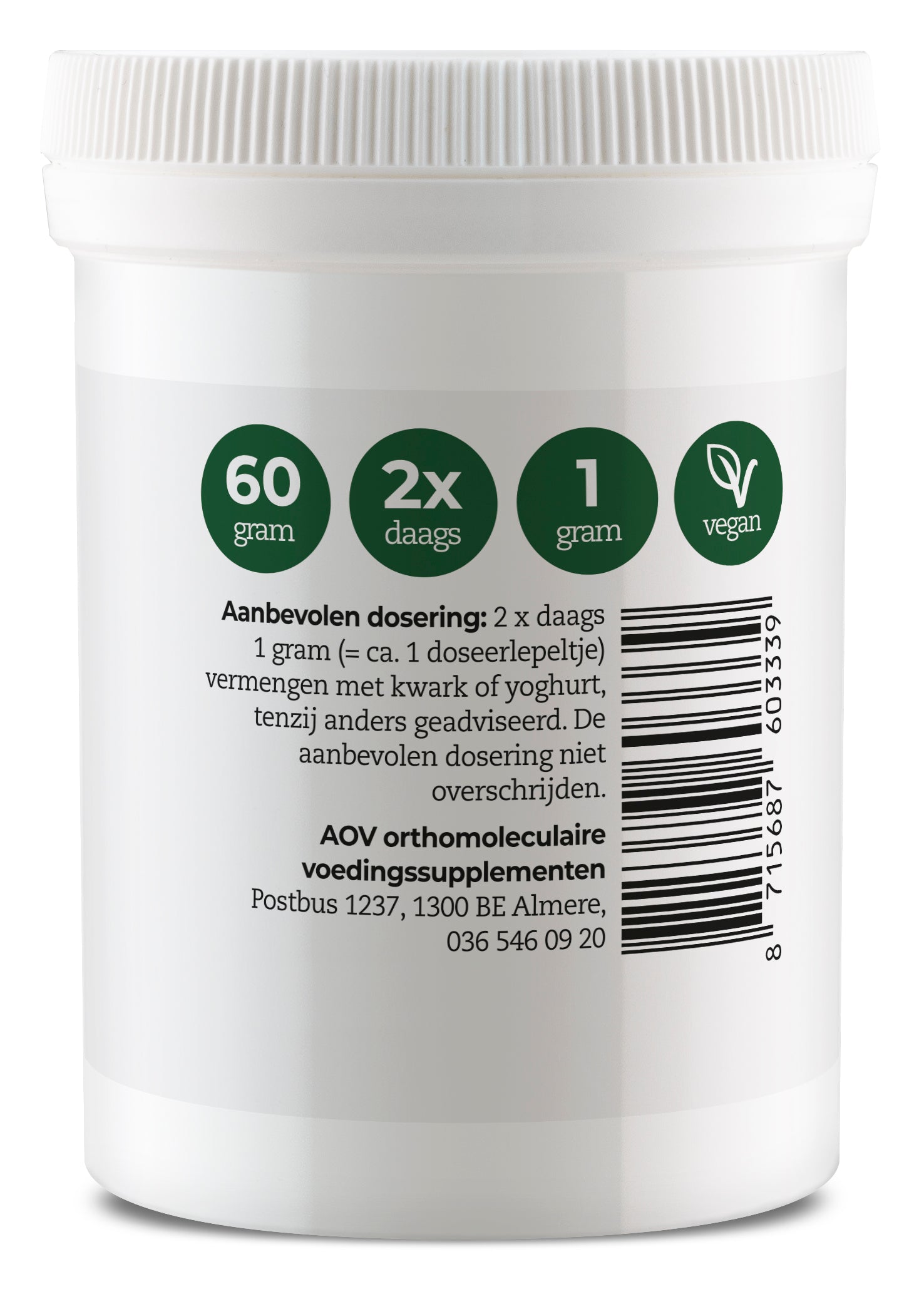 AOV 333 Vitamine C ascorbyl palmitaat supplement in a 60g container, showcasing the natural vitamin C product from AOV.