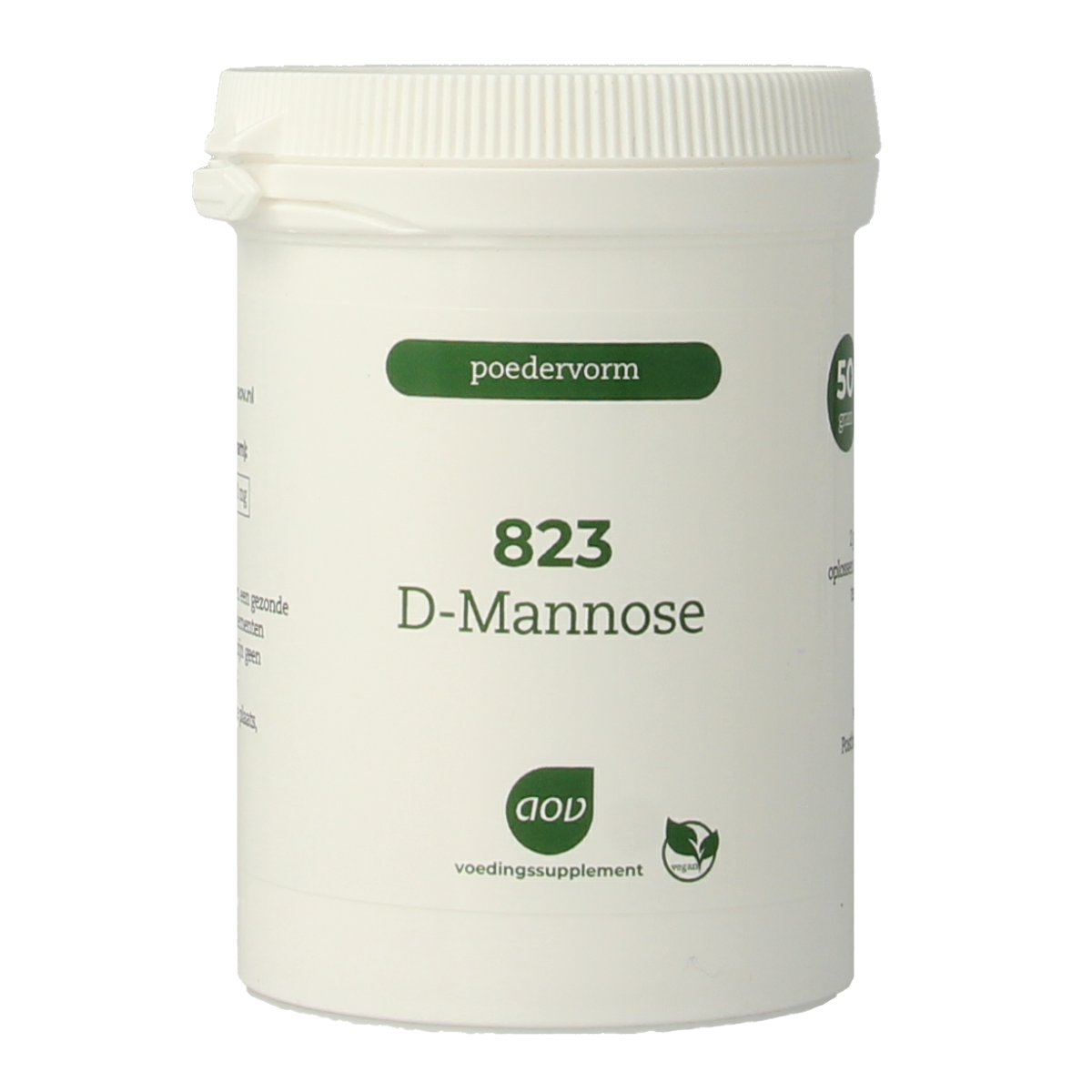 AOV D-Mannose powder in a 50g herbal supplement packet, featuring the product packaging with branding and label details.