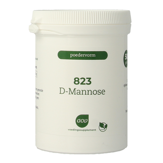 AOV D-Mannose powder in a 50g herbal supplement packet, featuring the product packaging with branding and label details.