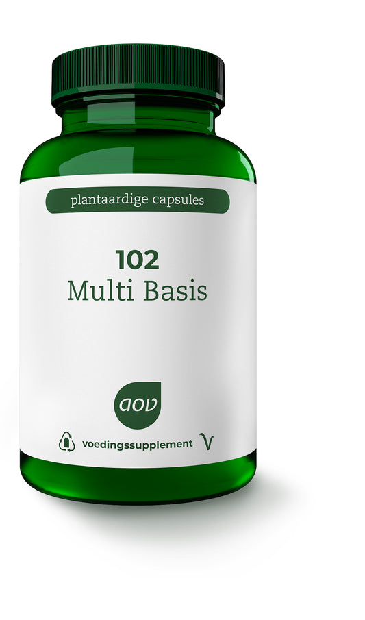 AOV 102 Multi basis vegetarian vitamin capsules in a bottle, supplement for daily nutritional support.