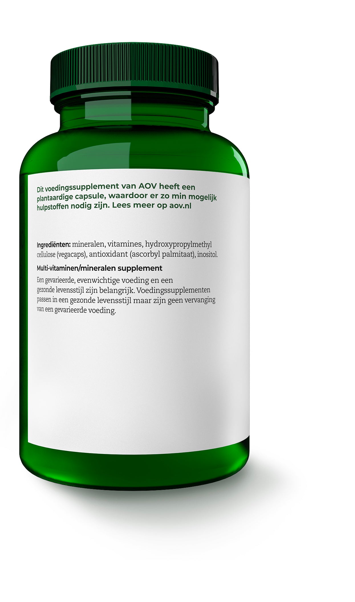 AOV 102 Multi Basis vegetarian capsules, vitamin multivitamin supplement in a clear bottle with colorful capsules.