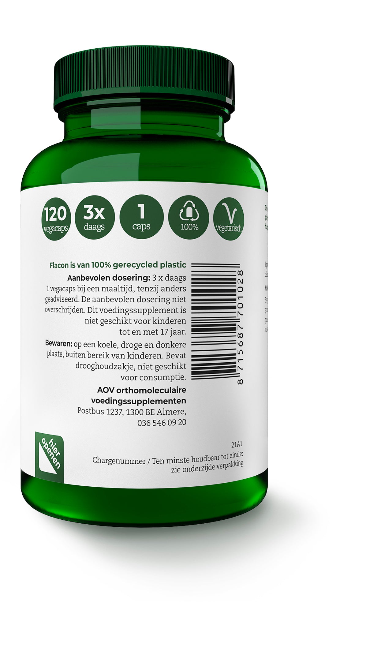 AOV 102 Multi basis vegetarian capsules, vitamin multivitamin supplement in a clear bottle with colorful label.