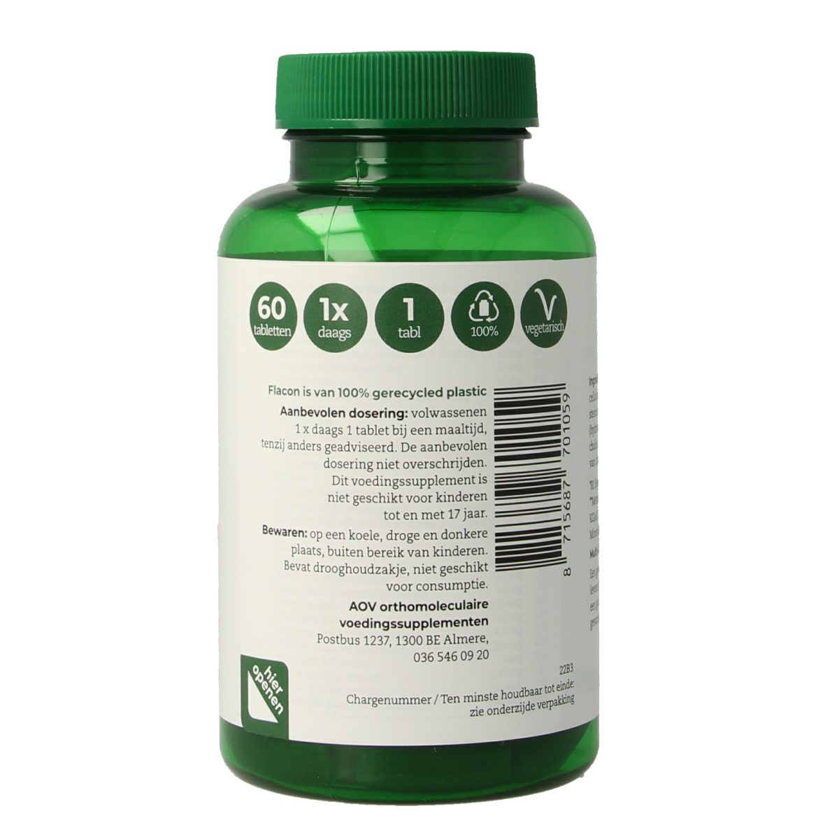AOV 105 One Daily multivitamin tablets in a bottle, showing the supplement label and tablet count for daily nutritional support.