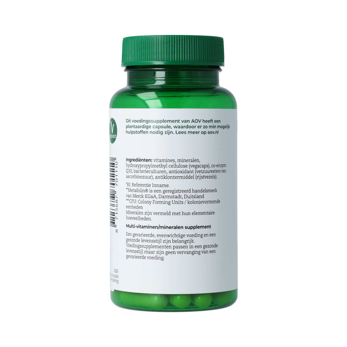 AOV 111 Multi Biotica vegetarian capsules containing micro-organisms, shown in a clear container with label.