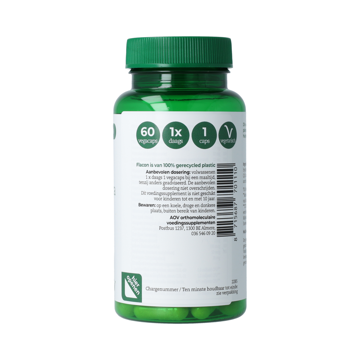 AOV 111 Multi Biotica vegetarian capsules with micro-organisms, shown in transparent container with capsules visible inside.