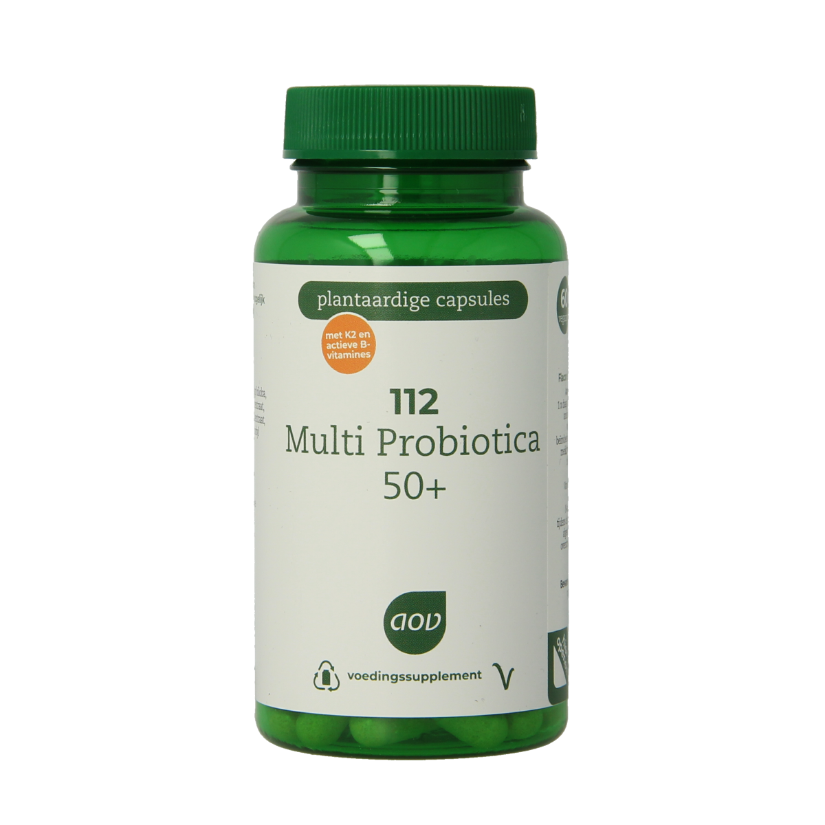 AOV 112 Multi Probiotica 50+ vegetarian capsules featuring micro-organisms for digestive health, shown in a clear blister pack.
