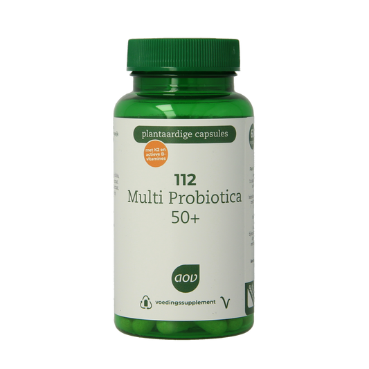 AOV 112 Multi Probiotica 50+ vegetarian capsules featuring micro-organisms for digestive health, shown in a clear blister pack.