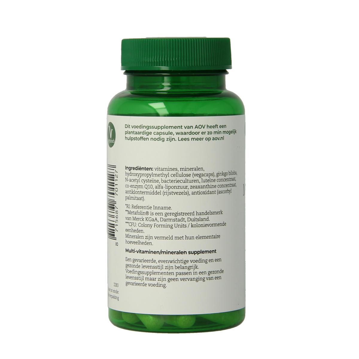 AOV 112 Multi Probiotics 50+ vegetarian capsules featuring micro-organisms for digestive health, shown in a white bottle.