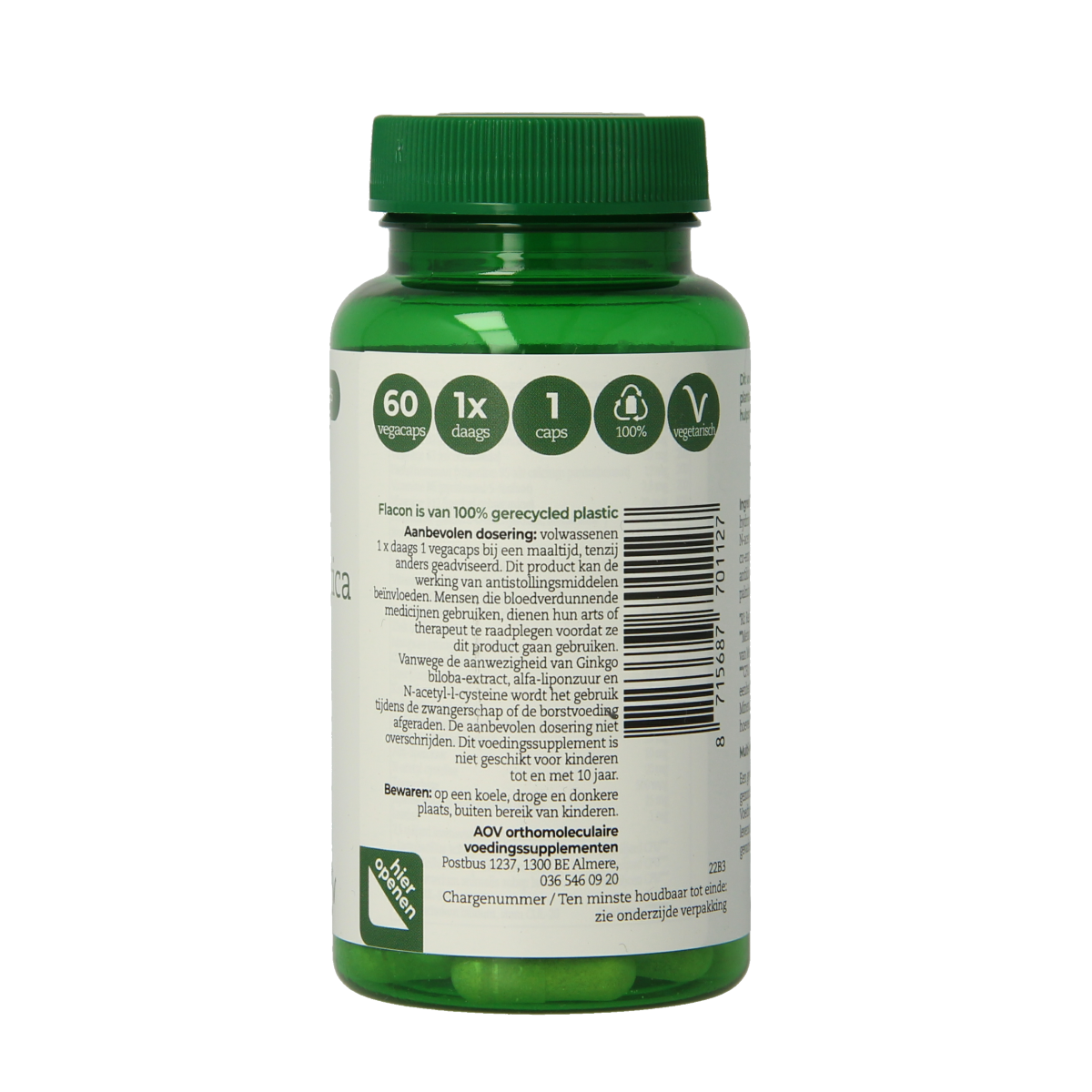 AOV 112 Multi Probiotica 50+ vegetarian capsules featuring micro-organisms for digestive health, in a clear bottle.