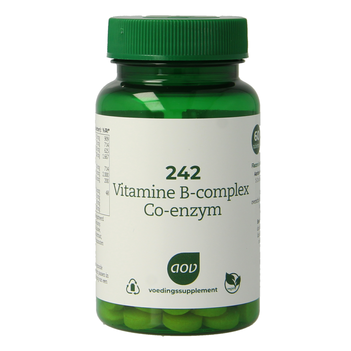 AOV Vitamine B complex co-enzym multivitamin tablets, 60 count, close-up of the supplement packaging with tablets inside.