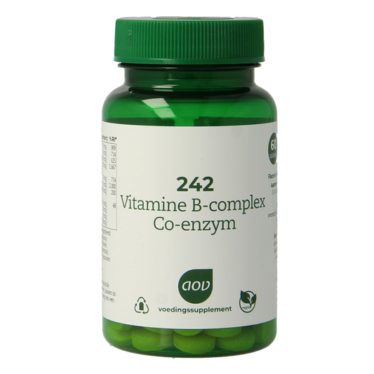 AOV Vitamine B complex co-enzym multivitamin tablets, 60 count, close-up of the supplement packaging with tablets inside.