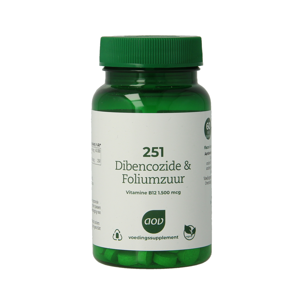 AOV 251 Dibencozide and folic acid multivitamin tablets, dietary supplement bottle with 60 pills in blister packaging.