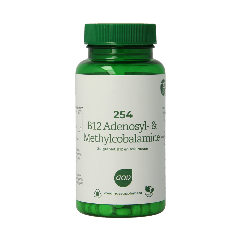 AOV 254 B12 Adenosyl and methylcobalamin vitamin supplement in 120 chewable tablets, featuring B12 for energy and health.