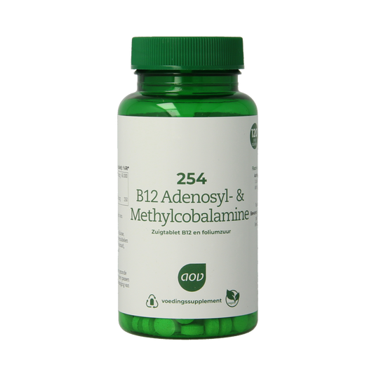 AOV 254 B12 Adenosyl and methylcobalamin vitamin supplement in 120 chewable tablets, featuring B12 for energy and health.