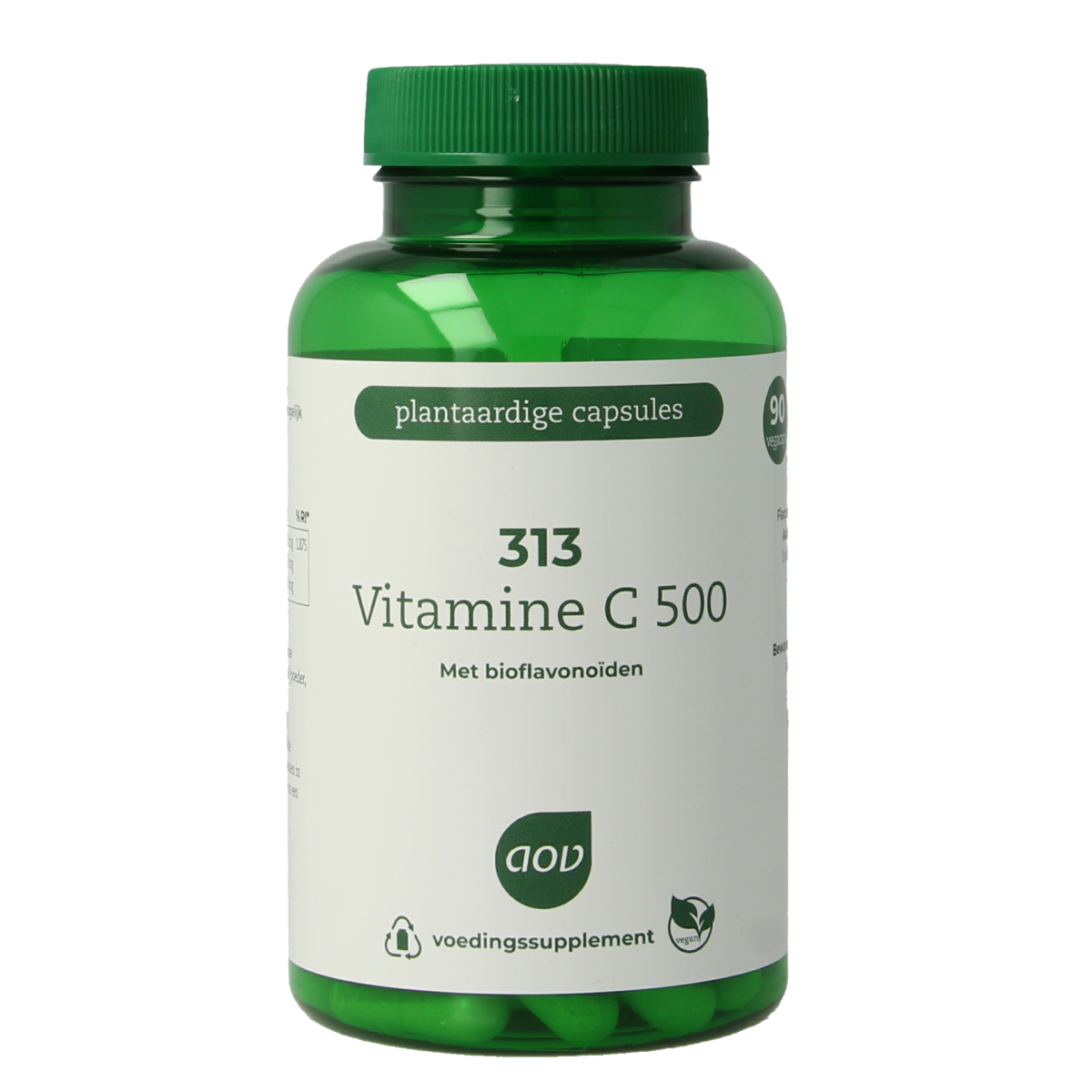 AOV 313 Vitamine C 500 vegetarian capsules, dietary supplement in a clear bottle with white capsules on a white background.
