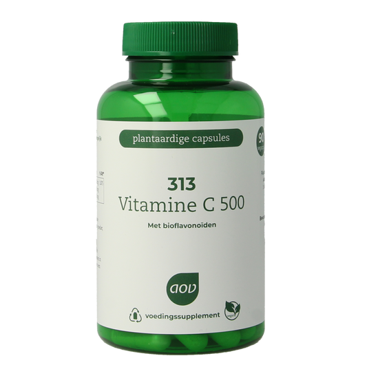 AOV 313 Vitamine C 500 vegetarian capsules, dietary supplement in a clear bottle with white capsules on a white background.
