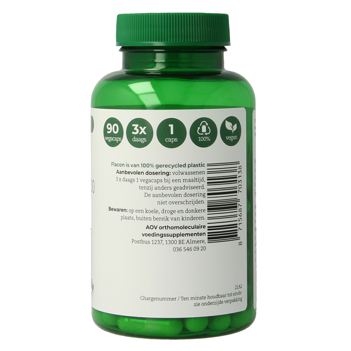 AOV Vitamine C 500 vegetarian capsules in a bottle, dietary supplement for immune support, labeled AOV 313.