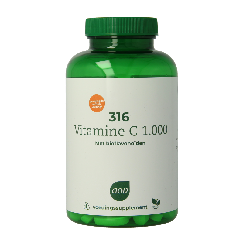 AOV 316 Vitamin C 1000mg supplement in a bottle of 180 tablets, showing the label with brand and product details.