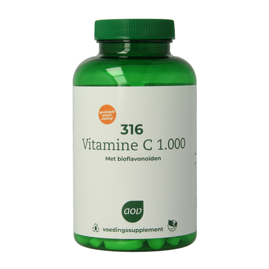 AOV 316 Vitamin C 1000mg supplement in a bottle of 180 tablets, showing the label with brand and product details.