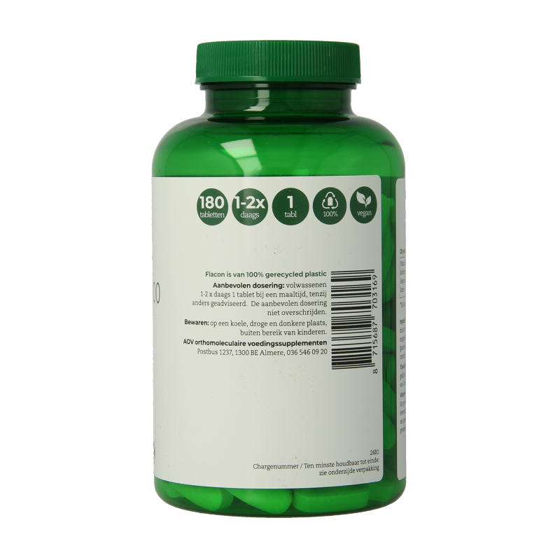 AOV Vitamine C 1000mg supplement with 180 tablets, showing the bottle and tablets on a white background.