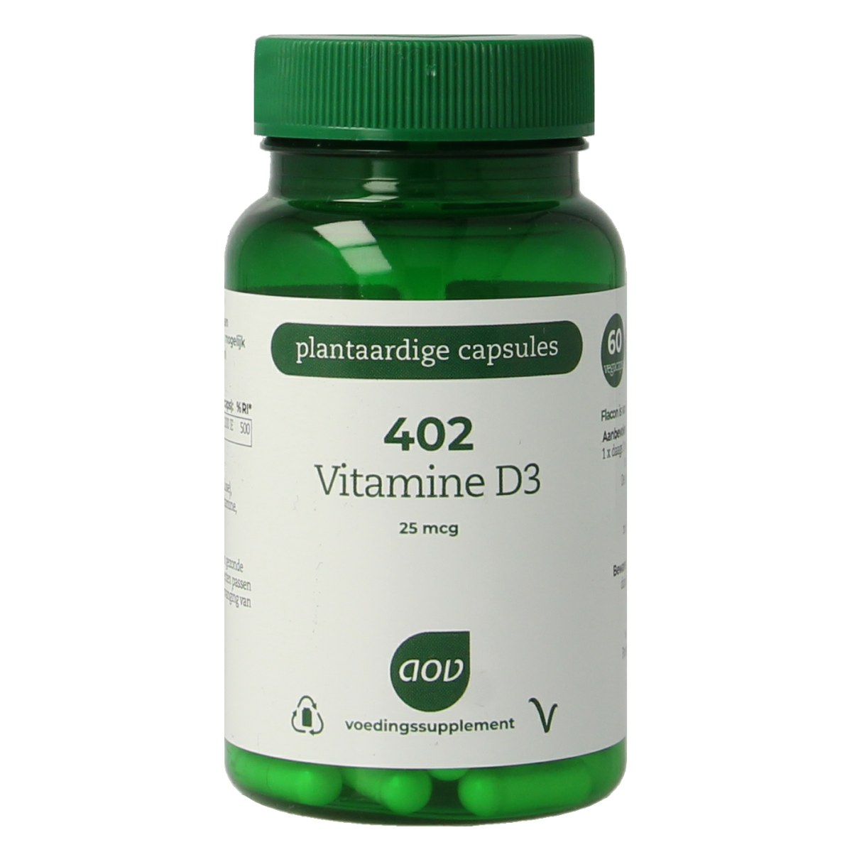 AOV Vitamine D3 25mcg vegetarian capsules, 60 count, showing the supplement bottle with capsules inside.