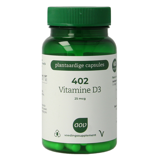 AOV Vitamine D3 25mcg vegetarian capsules, 60 count, showing the supplement bottle with capsules inside.