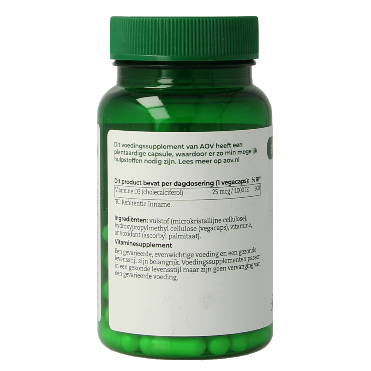 AOV 402 Vitamin D3 25mcg vegetarian capsules bottle with label showing product details and brand logo.