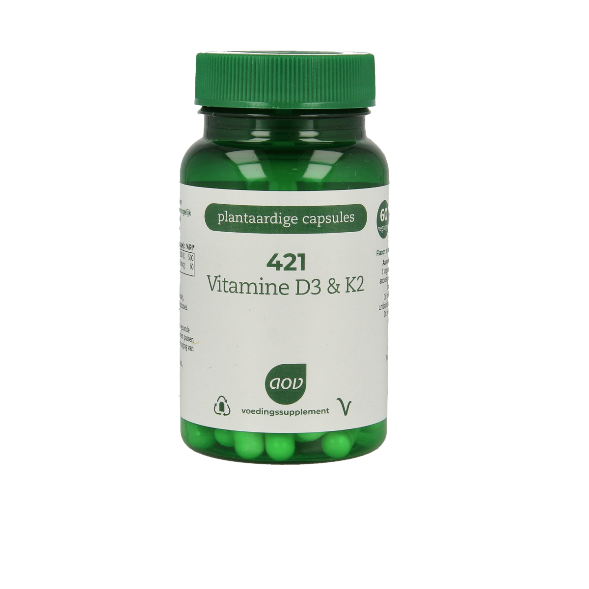 AOV Vitamine D3 & K2 vegetarian capsules in orange and white bottles, supplement packaging with product details visible.