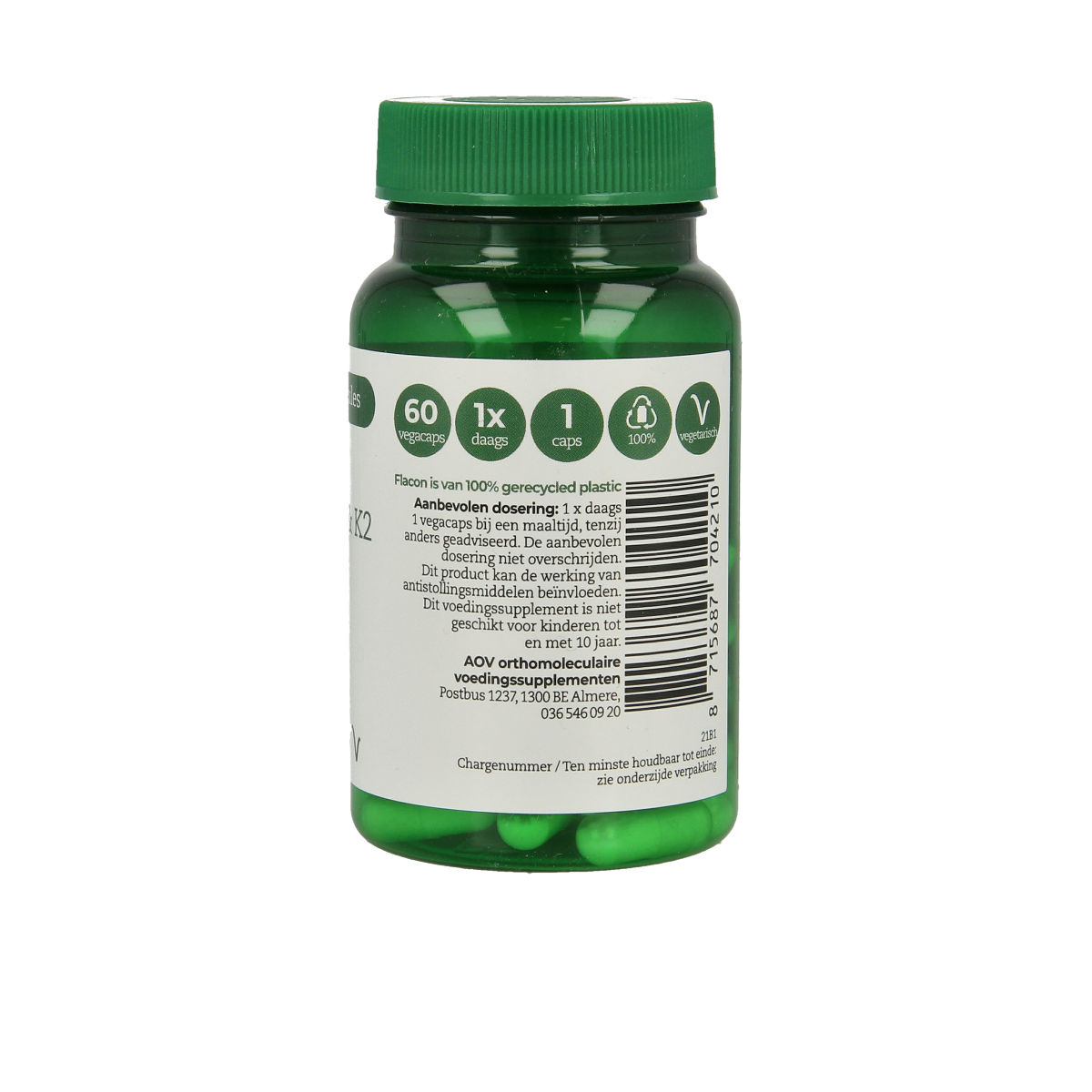 AOV Vitamine D3 & K2 vegetarian capsules, dietary supplement in a clear bottle with capsules inside.