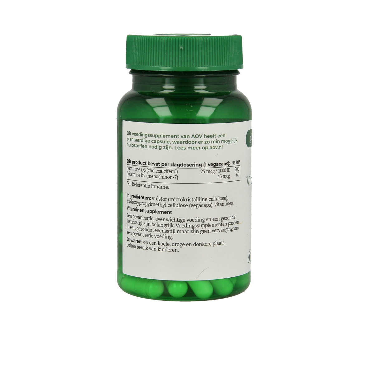 AOV Vitamine D3 & K2 vegetarian capsules in a bottle, dietary supplement for immune support and bone health.